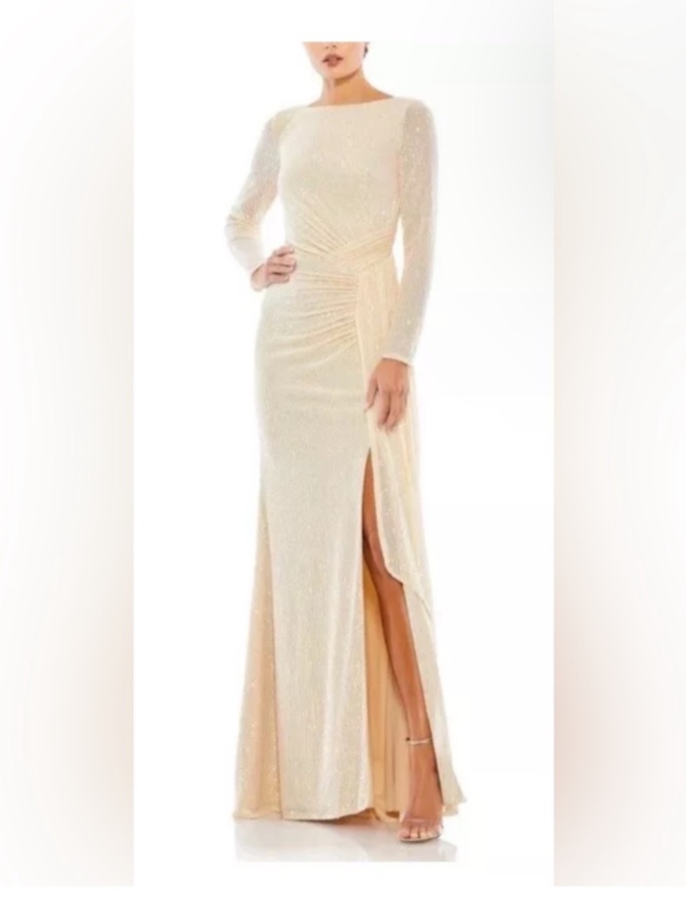 Mac Duggal Cream Long Sleeve Sequin Evening Gown with Side Slit